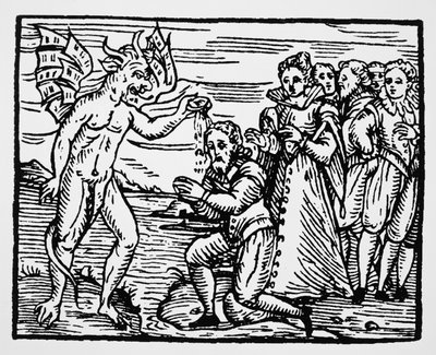 Baptism by the Devil, kopie ilustrace z Compendium Maleficarum od P. M. Guaccius, Milán 1608, použité v Historii magie, vydané koncem 19. století od Italian School