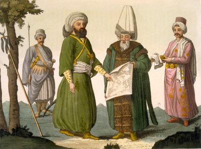 Bascia (vojenský velitel) a Bascia v bojových šatech, tělesná stráž Bascie a Page, deska 18 z části III, svazek I Historie národů, vyryl D.K. Bonatti (akvatinta) od Italian School