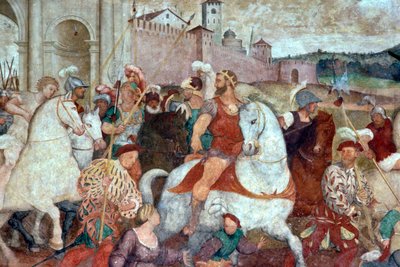 Bojová scéna za městskými hradbami, cca 1460 (freska) od Italian School