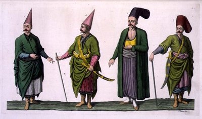 Bostandji, Khasseki a další příklady osmanského kostýmu, deska 5 z části III, svazek I „Historie národů“, vyryl V. Raineri (akvatinta) od Italian School