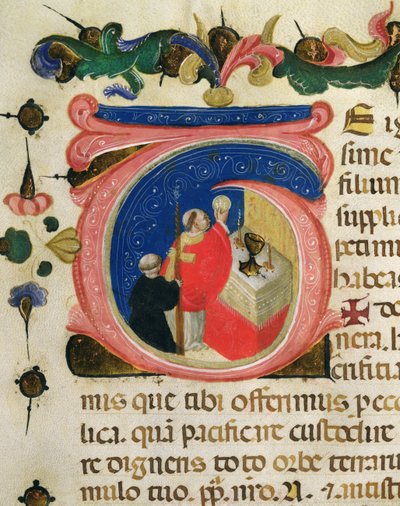 Slavení eucharistie, z Mariegoly laického cechu sv. Jeronýma, kolem 1400 (inkoust a zlatý list na pergamenu) od Italian School