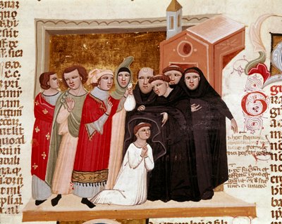 Obřad miniaturního mnicha z „Decret de Gratien““ („Concordia discordantium canonum“ nebo „Decretum Gratiani“) pocházející z roku 1140 a upravující zákony a kánony římskokatolické církve. Siena 14. století, Biblioteca degli Intronati od Italian School