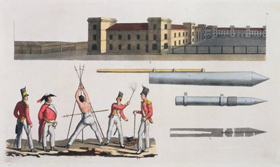 Chatham Barracks, vojenský trest zvaný Triangle and Congreve Rockets, deska 17 z The History of the Nations (akvatinta) od Italian School