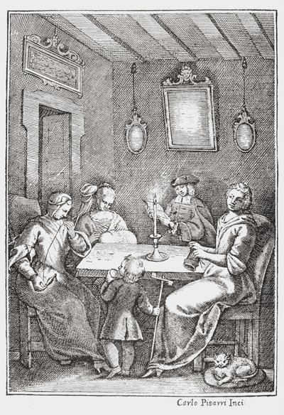 Chiaqlira čte pohádky na šicí párty, přední strana obálky Pentamerone of Giambattista Basile, 1742 od Italian School