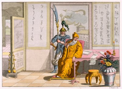 Čínští taoističtí náboženští vůdci: Božství Kuan-ti, vyryté Fumagallim a Bramattim, kolem 1820-30 (barevná rytina) od Italian School
