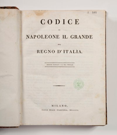 Zákoník Napoleona Velikého pro Italské království, otevřeno na titulní straně, vydáno Miláno, dalla reale Stamperia, 1806 (tištěný papír) od Italian School