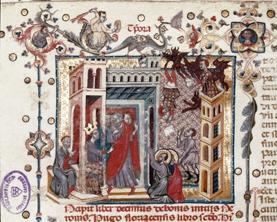 Codices Cavenses, Cod.25 f.181, Simon Magus, císař Nero a apoštolové, miniatura ze Speculum Historiale, část I, od Vincenta de Beauvais, kolem 1320 (tempera na pergamenu) od Italian School