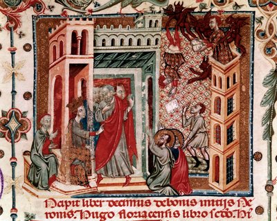 Codices Cavenses, Cod.25 f.181, Simon Magus, císař Nero a apoštolové, miniatura ze Speculum Historiale, část I, od Vincenta de Beauvais, kolem 1320 (tempera na pergamenu) od Italian School
