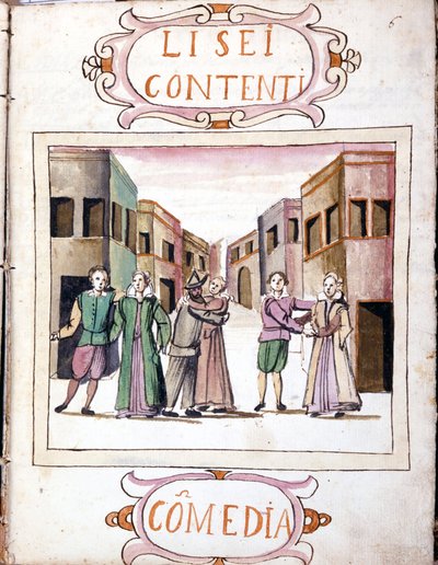 Komedie Li sei contenti podle rukopisného svazku „Scénáře nejvybranějších histrionů“ (1621 - 1643). Řím, Accademia dei Lincei. od Italian School
