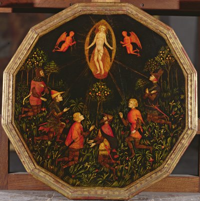 Vazební podnos zobrazující Triumf Venuše uctívaný šesti legendárními milenci: Achilleem, Tristanem, Lancelotem, Samsonem, Parisem a Troilem (olej na panelu) od Italian School