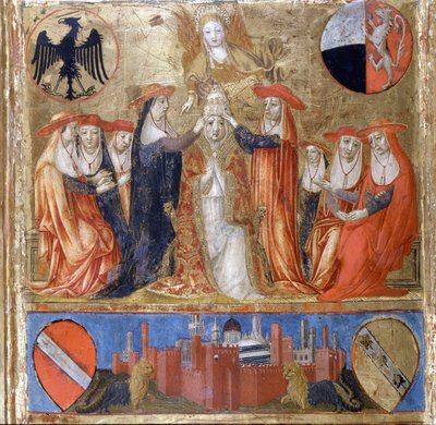 Korunovace Pia II. (Enea Silvio Piccolomini) (1405 až 1464). italský papež (1458 - 1464). Dole je opevněné město Siena. Bicherna (obálka účetního rejstříku města Siena) z roku 1460. Národní archiv - Museo delle Tavolette de B od Italian School
