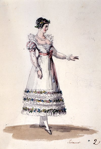 Kostýmní návrh pro Susannu z Figarovy svatby od Wolfganga Amadea Mozarta, kolem roku 1880 (barevné lito) od Italian School
