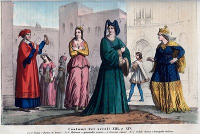 Kostýmy Siena mezi 13. a 14. stoletím - oděvy v Sieně mezi 13. a 14. stoletím - rytina z „Usi e Costumes di All Peoples of the Universe“. To je historie vlády, zákonů, milicí, náboženství všech národů od Italian School