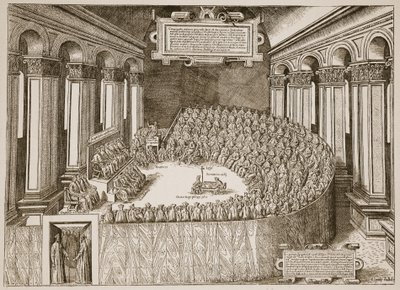 Tridentský koncil, 1563, z leptu vydaného v Benátkách v roce 1565, ilustrace z knihy The Church of England: Spence-Jones, vyd. cca 1910 (sépiová fotografie). od Italian School