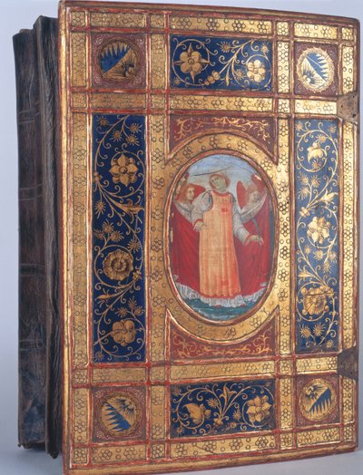 Obálka italského rukopisu se svatým Vavřincem (zlatolist a polychromie na dřevě) od Italian School