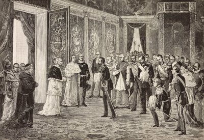 Korunní princ Německa (budoucí Fridrich III.) přijímaný papežem Lvem XIII. v trůnním sále ve Vatikánu, rytina z kresby Ximenese ze skici od Dal Dona, z L