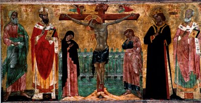 Ukřižování a svatí Malba na dřevo od anonymního umělce benátské byzantské školy. Ztlumit. 61x113 cm Benátky, Museo Correr, n. 381 od Italian School