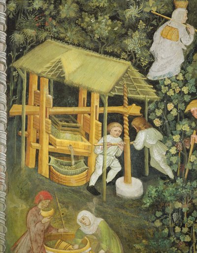 Drcení hroznů. Vinný lis (freska) od Italian School