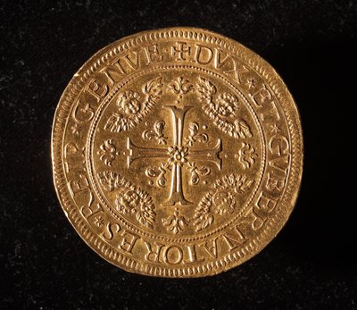 Měna republiky genů: 25 zlatých dvojitých mincí. Průměr.52,5 mm. 1694. Přední. Genes Museums of Strada Nuova (inv. 6457) od Italian School