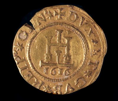 Měna republiky genů: zlatá čtyřka s janovským portálem. Průměr 32 mm. 1616. přední. Genes Musei di Strada Nuova od Italian School