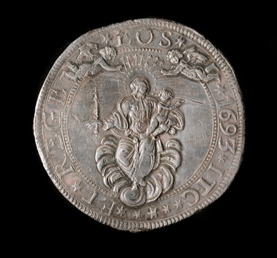 Měna Republiky genů: stříbrná mince pět Ecus. Průměr 61 mm. 1693. Zpět. Genes Musei di Strada Nuova od Italian School