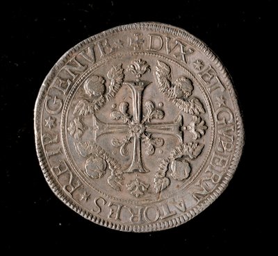 Měna Republiky genů: stříbrná mince pět Ecus. Průměr 61 mm. 1693. Přední. Genes Musei di Strada Nuova od Italian School