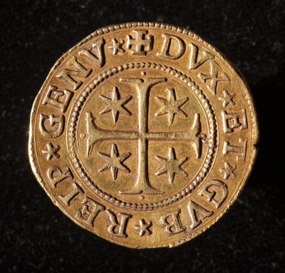 Měna republiky genů: pět zlatých mincí doppie. Průměr 41 mm. 1642. Přední. Genes Musei di Strada Nuova od Italian School