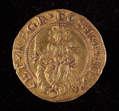 Měna republiky genů: pět zlatých mincí doppie. Průměr 41 mm. 1642. zpět. Genes Musei di Strada Nuova od Italian School