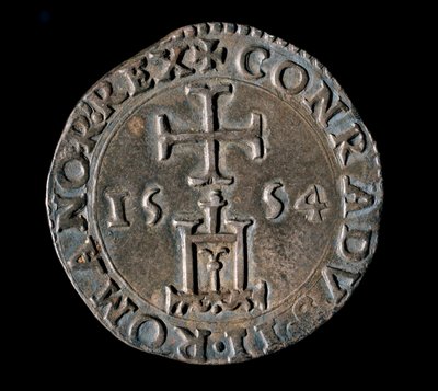Měna republiky genů: stříbrný teston (nebo testone) požehnání. Přední strana představující janovský portál pod křížem. 1554 Genes, Musei di Strada Nuova od Italian School