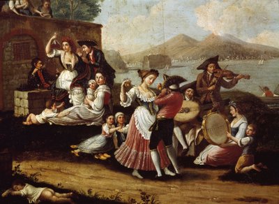 Taneční scéna a populární party v Neapoli Tanečníci tarantely (tarantella, tarantella). Anonymní malování. Neapol 18. století, Národní muzeum San Martino od Italian School