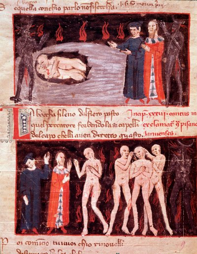 Dante a Virgil se setkávají s Ugolinem, miniaturním zrádcem (píseň 23 z Pekla v Božské komedii) od Italian School