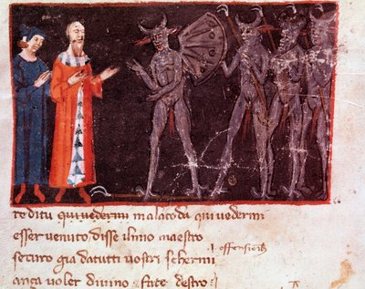 Dante a Virgil mluví s Malacodou, vůdcem eskadry Malebranche (píseň 21 z pekla, v Božské komedii) - miniatura od Italian School