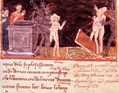 Dante a Virgil obklopeni pasáky a svůdci (píseň 18 z pekla, v Božské komedii) - Miniatura od Italian School