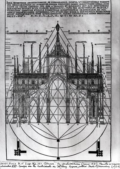 Návrh milánské katedrály, ilustrace z De Architectura od Vitruvia, Como, 1521 od Italian School