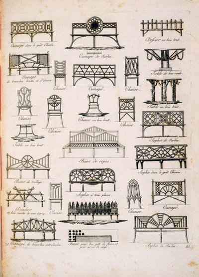 Návrhy zahradních sedaček z A Compendium of Drawings, od J.G. Grohmann, publikoval 1805 od Italian School