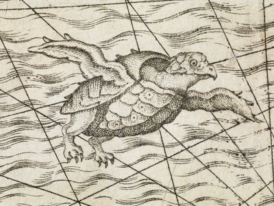 Detail létající želvy na mapě severní Evropy, z nedávného a přesného popisu severních oblastí Švédska, Gothie, Norska, Dánska a přilehlých zemí. Formy M. Trameziniho od Italian School