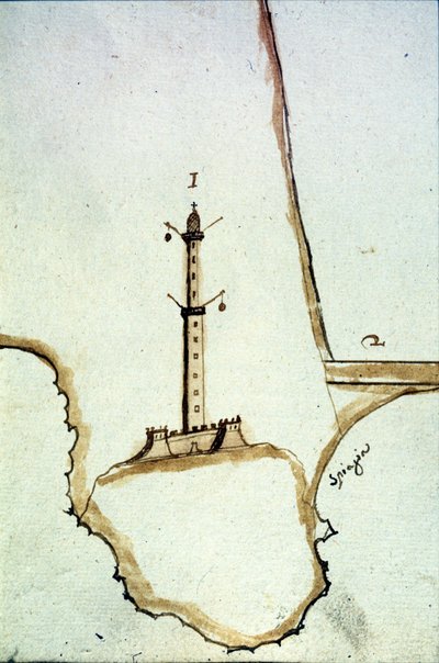 Detail ručně psané topografické mapy 17. století s vyznačením polohy janovské lucerny. od Italian School