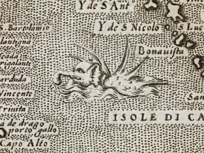 Detail mořského slona s působivou řadou hrotů vyčnívajících z jeho hřbetu, z „Nejslavnějšího ostrova na světě, který popsal Thomaso Porcacchi z Castiglione, Arretino a vyřezal Girolamo Porro, Padovano“ od Italian School