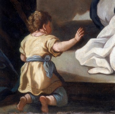 Detail malby znázorňující Růžencovou madonu se svatými Dominikem a Kateřinou Sienskou od Italian School