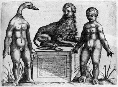 Různé typy lidských monster: muž s kachní hlavou, muž s tělem lva a další s palmovýma rukama. Rytina z „De monstrorum natura, causis et differentiis“ od Fortunia Licetiho (1577-1656), italského vědce. 1646 od Italian School