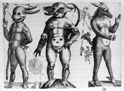 Různé typy lidských monster s napůl lidskými a napůl zvířecími těly. Rytina z "Povaha příšer, jejich příčiny a rozdíly" od Fortunia Ačkoliiho (1577-1656), italského vědce. 1646 od Italian School