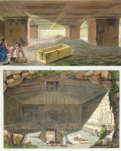 Objev etruských hrobek, kolem roku 1820 (barevná rytina) od Italian School