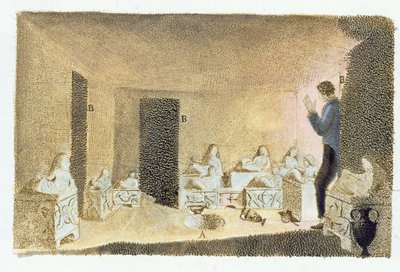 Objev etruských hrobek. ilustrace z knihy Monumenti Etruschi od Francesca Inghiramiho (1772-1846), vydané ve Fiesole, 1825 (barevná rytina) od Italian School