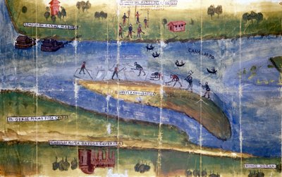 Spor o právo těžit led mezi obyvateli řeky Pád. 1535. Milán, Národní archiv. od Italian School
