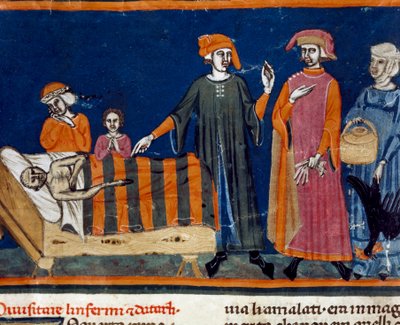Doky u postele nemocného Miniatura florentské školy z rozšířeného vydání „Pater noster“ od Sera Zucchera Bencivenniho (MS.II.VI 16) počátek 14. století Florencie, národní knihovna od Italian School