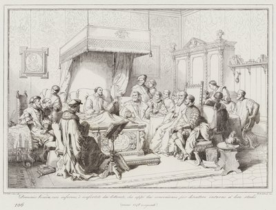 Domenico Veniero, znehybněný a utěšený literáty, kteří s ním souhlasili, že... (rytina) od Italian School
