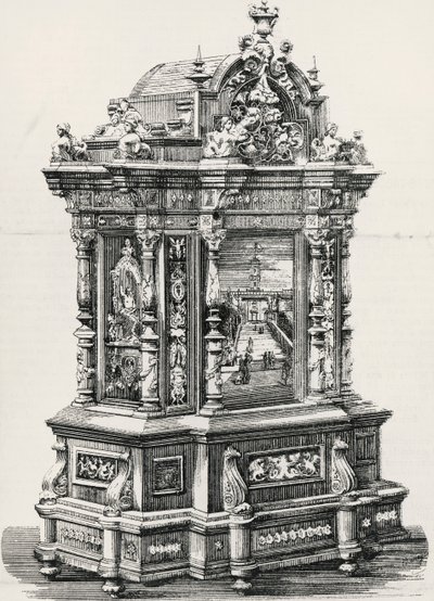 Ebenová skříň s intarziemi od truhláře Alessandra Monteneriho z Perugie (aktivní 19.-20. století), ilustrace z italské výstavy v roce 1881 v Miláně, Itálie od Italian School