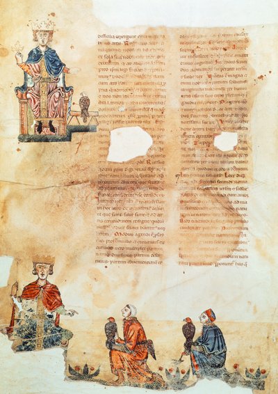 Císař Fridrich II. z Hohenstaufendu, ilustrace z „Umění lovu s ptáky“ (na pergamenu) od Italian School