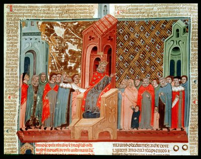 Císař Justinián (483-565) a jeho dvůr, z Justinianus Institutiones od Italian School