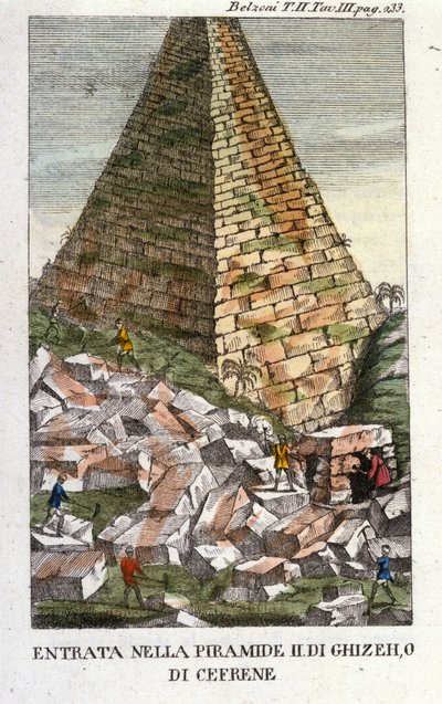 Vstup Belzoni do pyramidy Guizeh (Guiseh, Gíza, Gíza) nebo Chephren (Stará říše). Giovanni Battista (Gianbattista) Belzoni (1778-1823), italský cestovatel a archeolog, učinil důležité archeologické objevy v Egyptě. Gravírování - v "" od Italian School